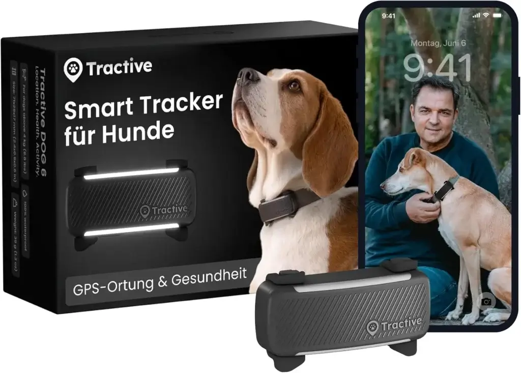 Tractive DOG 6 GPS Tracker für Hunde: Robustes Ortungsgerät mit Live-Tracking, Gesundheitsüberwachung und LED-Licht für maximale Sicherheit beim Gassigehen.